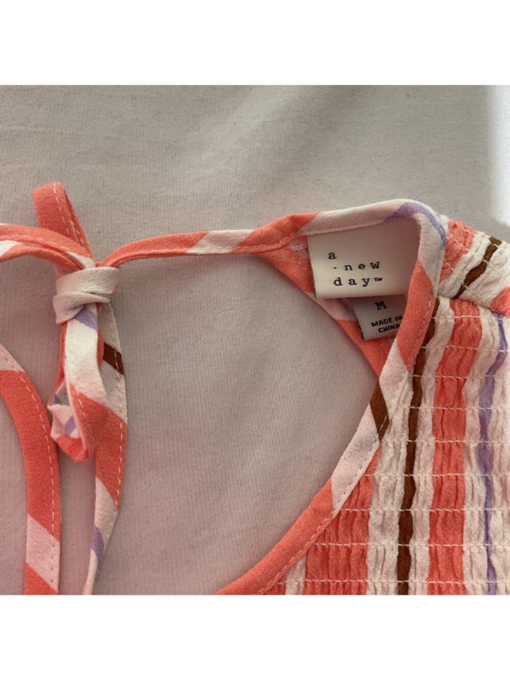 A new day Striped Coral & White Midi Dress size M With Ruffle Sleeves Smocked - Picture 10 of 11